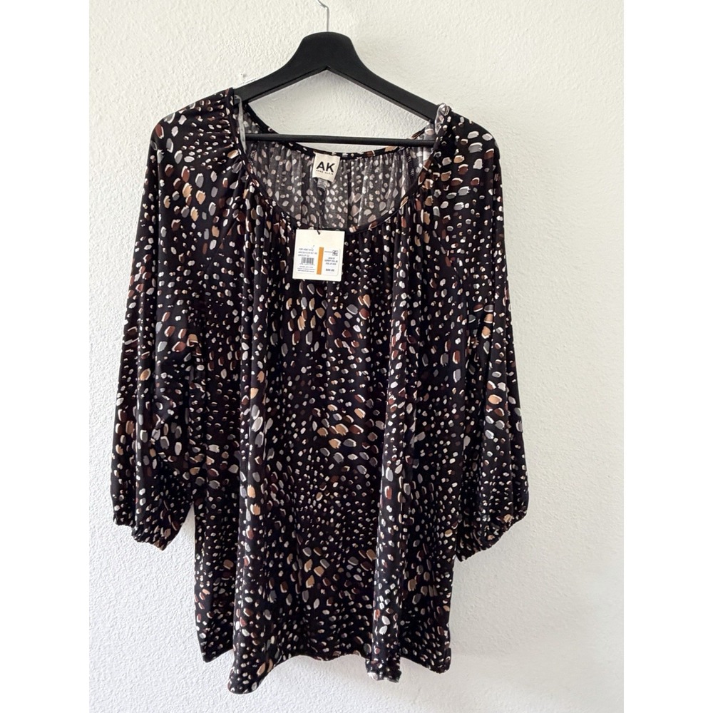 Anne Klein Women's Plus 3X Blouse Black Multi Abstract Dot Scoop Neck NWT